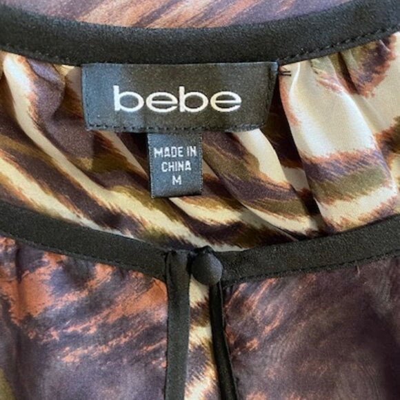 Bebe 100% Silk Cold Shoulder Blouse Animal Print Brown/Blue Size M - Picture 14 of 16